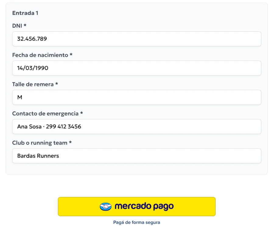 Formulario de inscripción con DNI, fecha de nacimiento, talle, contacto de emergencia y club