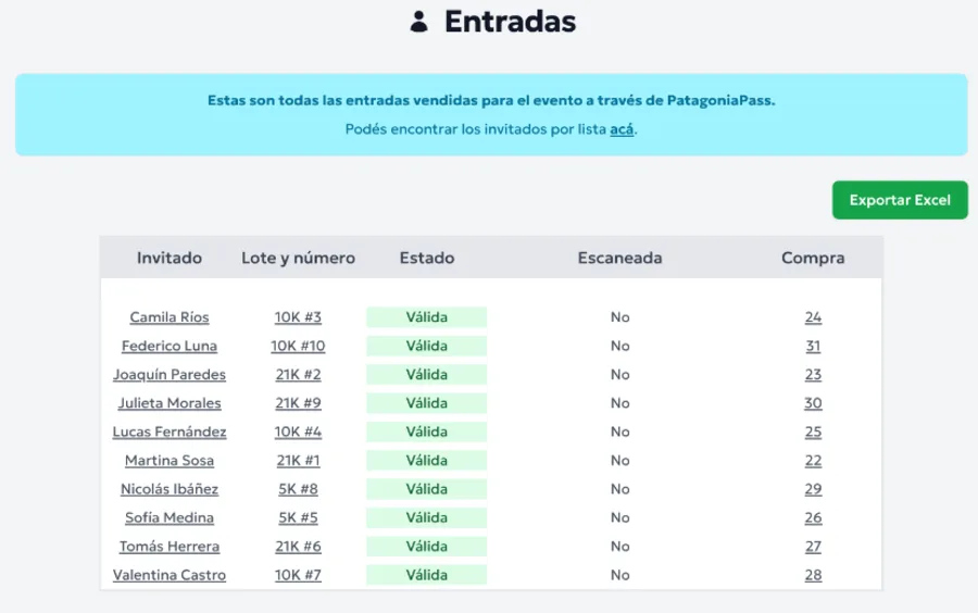 Lista de inscriptos de la carrera con distancia, número y estado, y el botón Exportar Excel