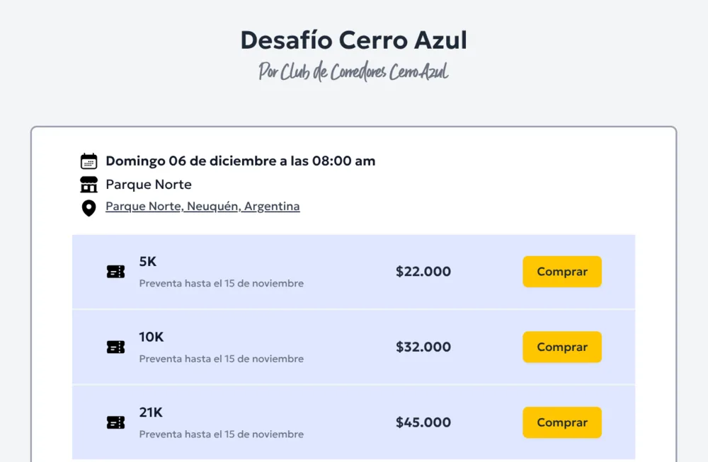 Página de una carrera con sus distancias 5K, 10K y 21K y sus precios